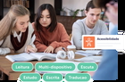 Grupo de estudantes estudando, com foco em leitura e acessibilidade, em ambiente colaborativo.